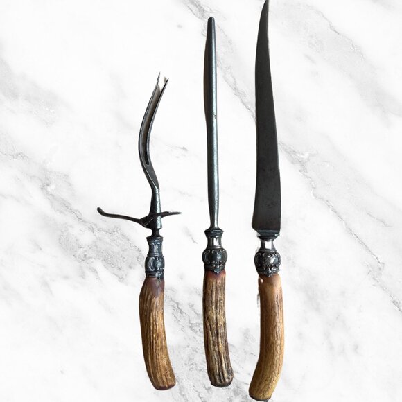 Carving Set, Stag Horn Handle, Antique Knife, Slicing Knife, Carving Fork, Sharp